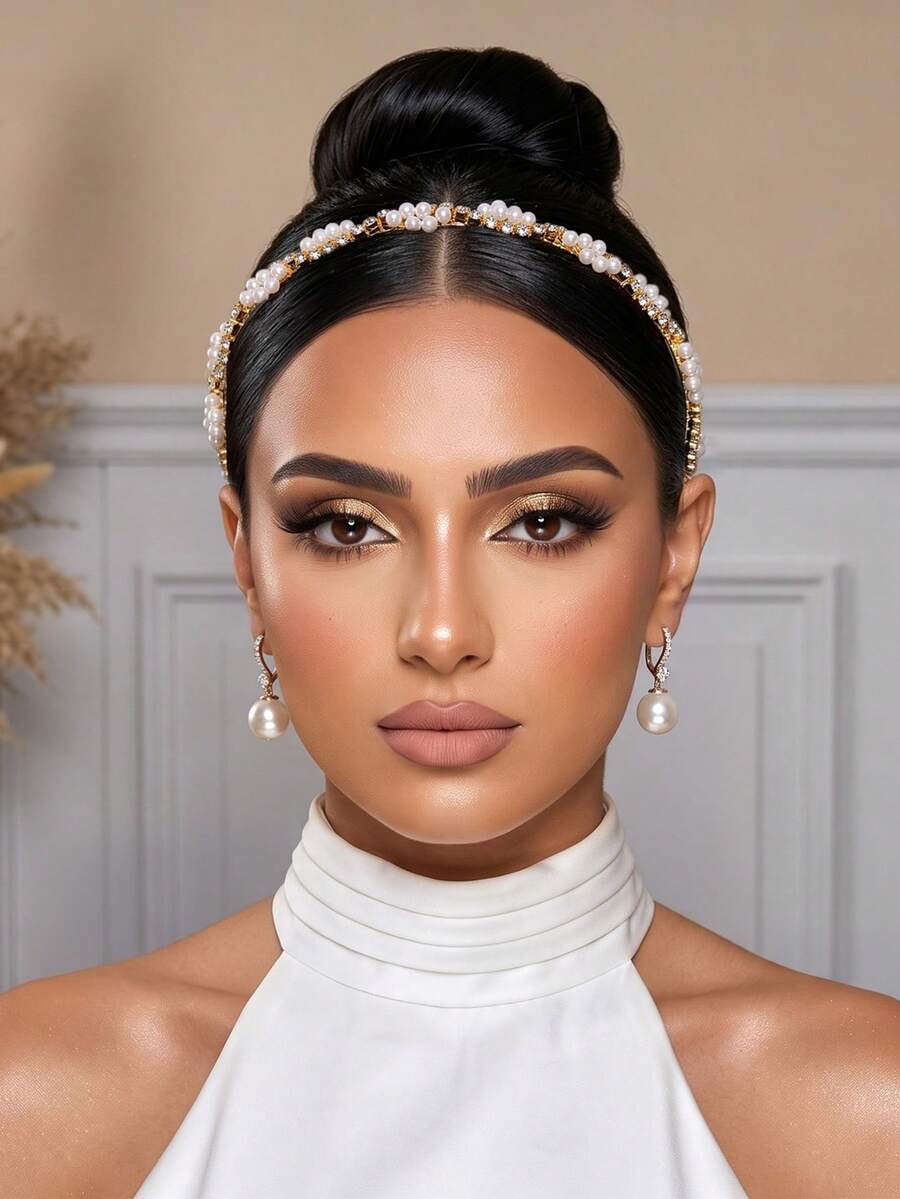 1pc Elegant Pearl Bridal Headband, Minimalist Rhinestone Narrow Headband For Wedding, Festival, Party, Daily Wear Women's Hair Accessory