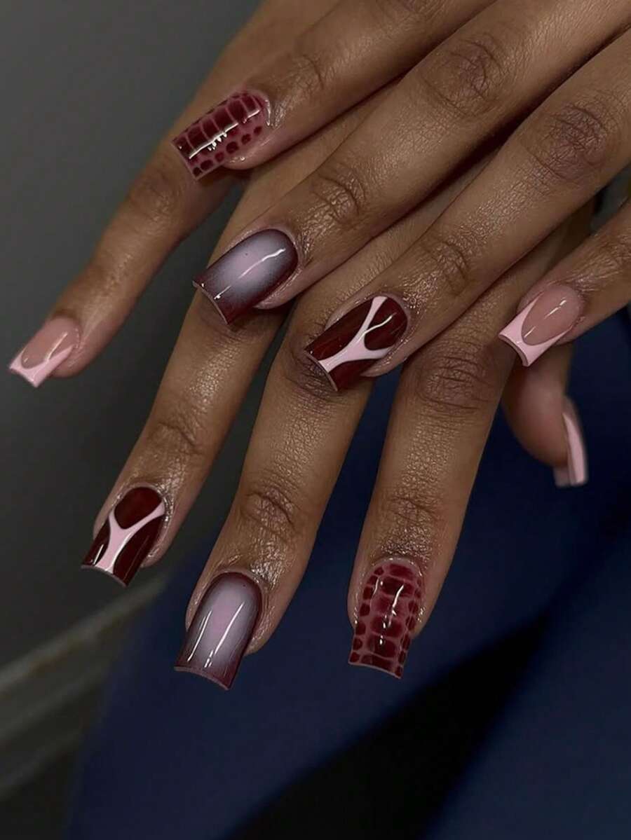 24pcs Short Square Blooming Nails And Brown Nails, Leopard Print French Manicure, Perfect Fit Fake Nails. Set Includes: 1pc Jelly Glue And 1pc Nail File, Suitable For Women And Girls Daily Wear