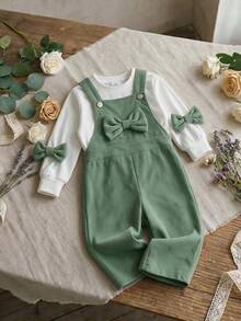 2pcs/Set Baby Girl Fresh Cute Bow Top + Corduroy Overalls, Thin Spring/Autumn - Mint Green - View 4