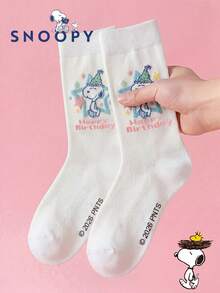 1 Pair Snoopy Women's White Mid-Calf Socks, Cute Cartoon Christmas Puppy Winter Socks - White - View 5