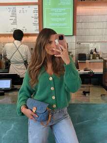 SEREN Women's Vintage Back V-Neck Single-Breasted Knit Cardigan, Autumn/Winter New Loose Slouchy Sweater Jacket, Daily Wear - Green - View 2
