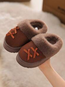 Children's Autumn/Winter Maillard Color Fuzzy Slippers, Girls' Bowknot Thickened Warm Soft Sole Closed-Toe Indoor Slippers - Brown - View 8