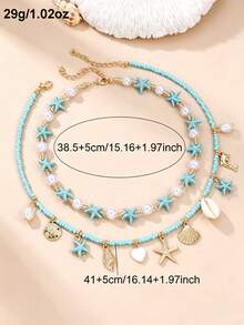 NAIZHU 2pcs Children's Ocean Series Beach Shell & Starfish Pendant Necklace Set, Suitable For Daily Wear, Vacation Accessory Gift - Blue - View 5