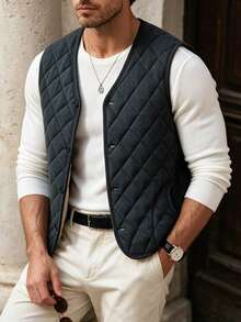 Men's Autumn/Winter Fashion Sleeveless Round Neck Cotton Padded Vest, Suitable For Daily Commute And Vacation - Grey - View 6