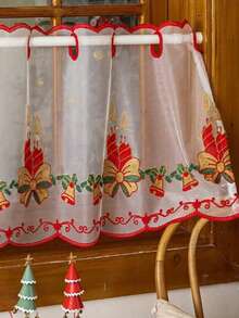 1pc Christmas Holiday Atmosphere Reindeer & Christmas Berry Decorative Short Curtain - 1PC - View 2