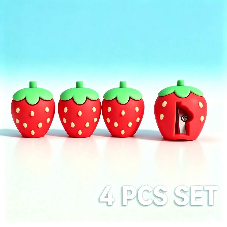1pc/2pcs/4pcs Cute Strawberry Shaped Pencil Sharpener, Kawaii Style Colorful Pencil Sharpener, Compact Handheld Pencil Sharpener, Fruit Shaped Manual Pencil Sharpener, Office Home School Supplies Accessory - Strawberry 4-pack - View 1