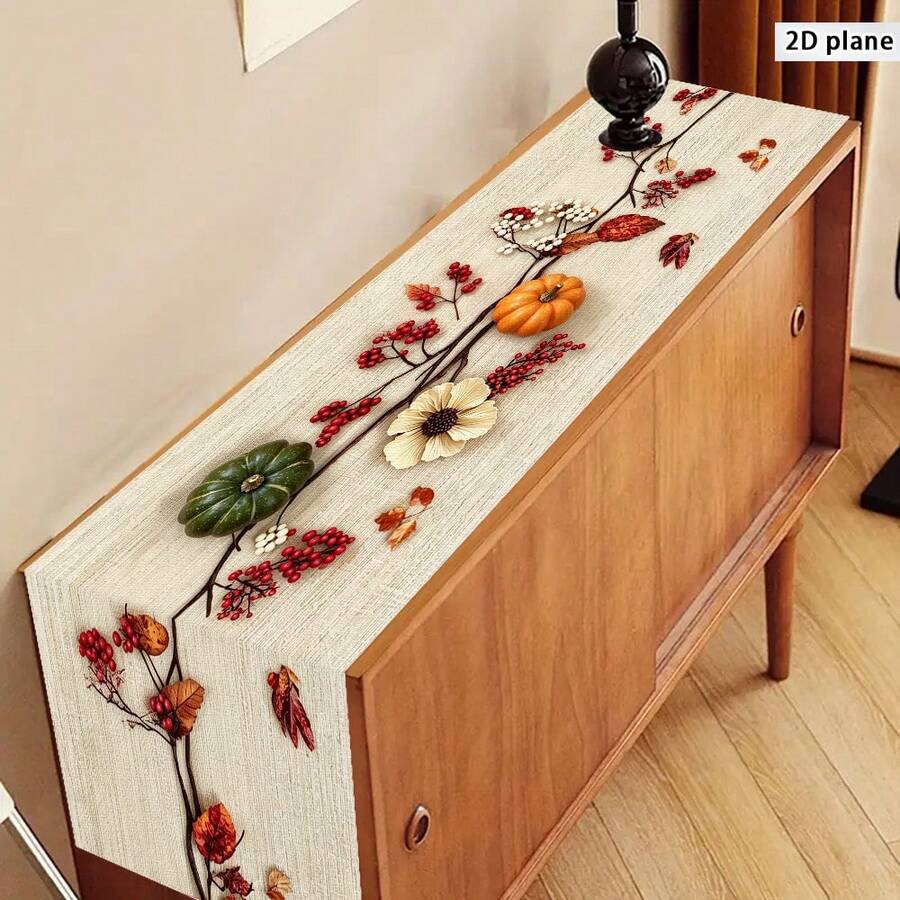 1pc Autumn Harvest Pumpkin & Berry Table Runner, Linen Texture Maple Leaf & Berry Print Tablecloth, Indoor/Outdoor Decorative Table Runner, Suitable For All Seasons, Daily, Wedding, Holiday Home Decor, Dining Room, Living Room, Table & Cabinet Decoration - Red - View 1