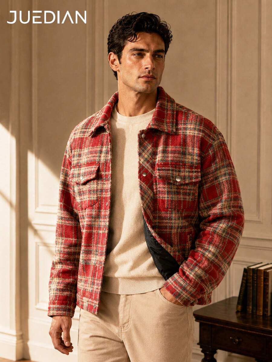 1pc Red Plaid Lapel Men's Jacket, Men's Wool Blend Jacket, Double Chest ...