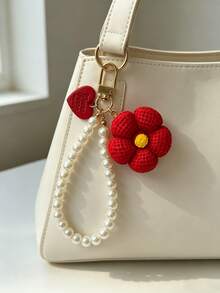 1pc Cute Red Flower Pearl Keychain, Exquisite Versatile Bag Charm Pendant, Car Key Ring - Red - View 2