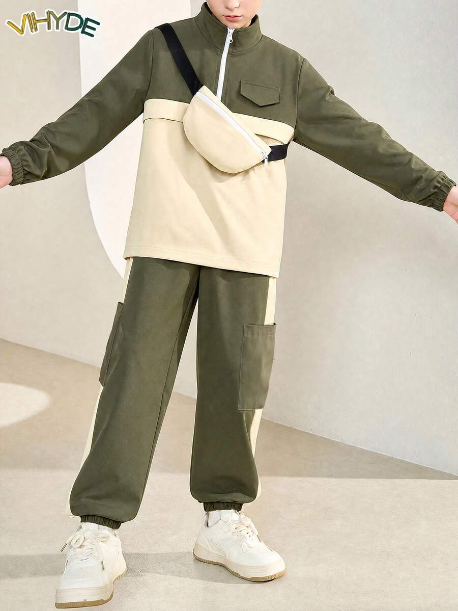Vihyde Tween Boys Color Block Half Zip Stand Collar Top, Jogger Pants & Crossbody Bag Cargo 3 Pieces Outfit Set - Army Green - View 1