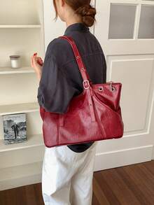 1pc Women's Solid Color PU Shoulder Tote Bag, Large Capacity, European And American Minimalist Style, Suitable For Commuting, Shopping, Gift Giving - Burgundy - View 6