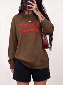 Plus Size Women's Faux Sweater, Gothic Letter Print, Fashion Casual Top, Suitable For Autumn/Winter, Daily Wear And Gift Choice - Coffee Brown - View 11