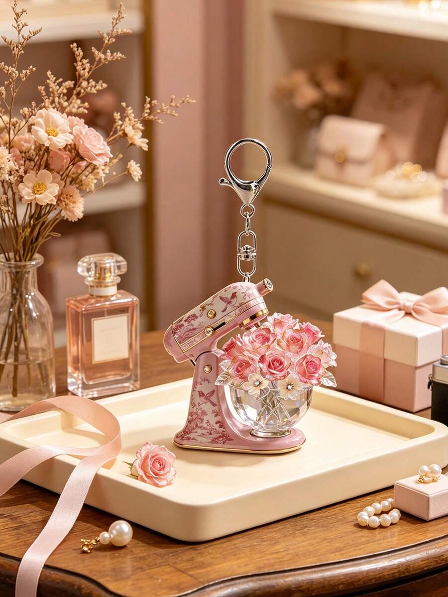 2D Flat Pink Vertical Blender Flower Keychain, Vintage Bird & Flower Print Blender Pendant. Baking Gift, Cooking Enthusiast Souvenir, Car Key, Backpack, Wallet, Handbag, Purse Charm, Gift For Baker, Cooking Enthusiast, Pastry Chef, Florist, Suitable Birthday Gift, Halloween, Christmas - Multicolor - View 1