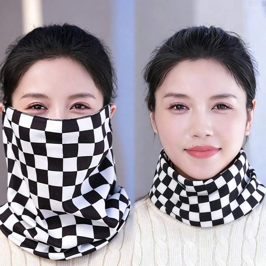 1pc Black & White Plaid Face Sun Protection Neck Gaiter With Earring Loops, Face & Neck Protection, Elastic Soft Warm Winter Scarf/Mask, Suitable For Cycling, Motorcycle Riding & Outdoor Activities - Black and White - View 1