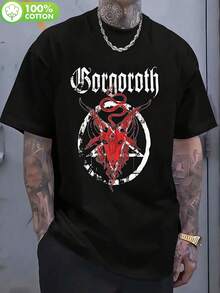 **Title:Men's 100% Cotton Crew Neck Short‑Sleeve T‑Shirt, Vintage Gothic Art & Serpent Graphic Print Rock‑Style Casual Tee, Loose Fit Street Daily Top - Black - View 8