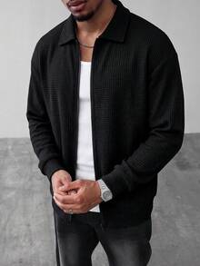 Men's Honeycomb Waffle Texture Minimalist Fashion Lapel Full Zip Long Sleeve Casual Sweatshirt For Daily Wear - Black - View 3