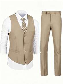 Men's 2 Pieces Suit Set, Vest And Suit Pants, Solid Color Formal Suit Vest And Trousers Set, Business Wedding Party Commute Wear - Champagne - View 2