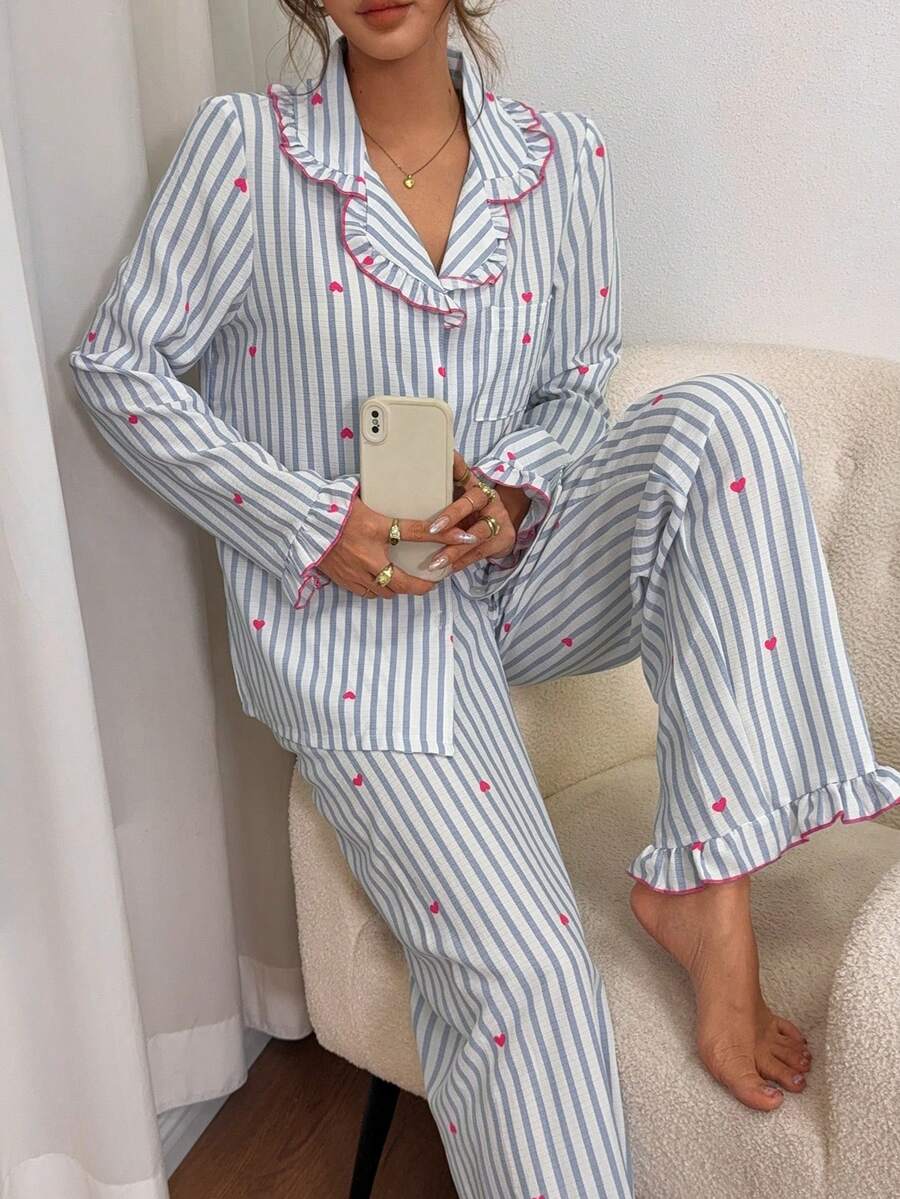 Dreamivo Women's Ruffle Trim Playful Elegant Loungewear Set, Cherry Striped Print Long Sleeve & Long Pants Contrast Color Pajama Set - Baby Blue - View 1
