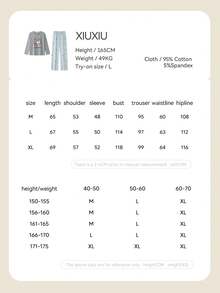 Gongdie 2pcs Snoopy Women's Pajama Set, Autumn/Winter Grey Pure Cotton Loungewear, Bow Print With Pockets - Grey - View 7