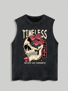 Plus Size Men's Casual Tank Top, Creative "Skull" & "Flower" English Geometric Print, Urban Street Style Casual Sports Weekend Top, Suitable For Spring, Summer, Autumn - Black - View 2