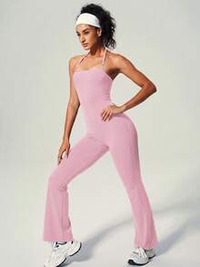 UONNOU Peach Butt-Lifting Flare Leg Jumpsuit, Square Neck Square Neck Backless Yoga Jumpsuit - Baby Pink - View 10