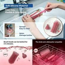 1 Set Portable Bottle Brush Kit, Silicone Bottle & Nipple Brush, Drying Rack, For Travel - Pink - View 6