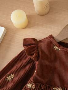 1pc Baby Girl Coffee Color Floral Embroidery Dress, Flutter Sleeve High Waist Ruched Vintage Toddler Dress - Coffee Brown - View 4