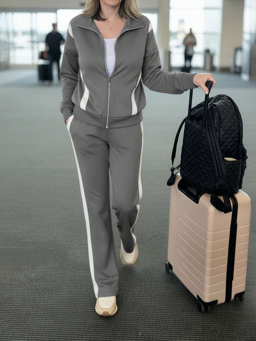 女款休閒時尚通勤套裝,寬鬆拼接對比色長袖外套上衣 + 條紋對比色直筒長褲,2件式優雅風格 - 灰色9 - 查看 1