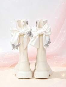 1 Pair Black High-Top Princess Boots With Bow + Rhinestone Butterfly Decor, Elastic Soft Sole Inner Zipper Design, Luxury Girly Style Long Riding Boots, Suitable For Daily Wear, School, Festivals, Parties, Autumn/Winter New Arrival - Apricot - View 3