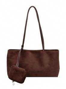 1件高級布料大容量通勤上班購物托特包 極簡百搭女款單肩手提包 - 咖啡棕 - 查看 6