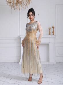 JINLICX Luxury Champagne Gold Tassel Beaded Evening Gown Sheer Long Sleeve Sequin Maxi Dress - Champagne - View 2
