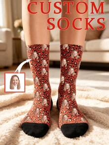 Custom Face Crew Socks, Personalized Photo Socks With Heart & Leopard Print, Novelty Customized Gift Socks For Holiday Birthday Party - Multicolor - View 27