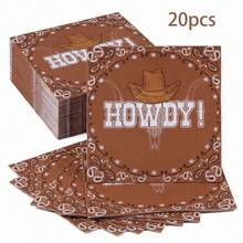 20/40/60 Pcs,Howdy Cowboy Disposable Paper Dinner Napkins,Brown Western Cowboy Hat Bull Skull Bandana Print Dessert Tissues,2-Ply Decorative Cocktail Napkins,For Wild West Theme Party,Country Birthday,Rodeo Party,Western Table Decor,6.5*6.5 Inch - Multicolor - View 8