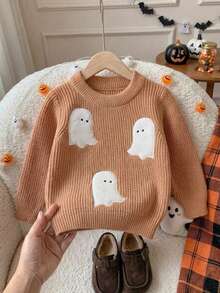 Boys Cute Style Solid Color Ghost Embroidery Sweater Knit Pullover Long Sleeve Suitable For School Daily Wear Spring Autumn Winter - Brown - View 4