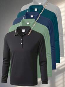 Men's Golf Light Business Long Sleeve Polo Shirt, Contrast Color Collar, Suitable For Golf, Business, Office, Daily Casual, Outdoor And Multiple Occasions - Black - View 8