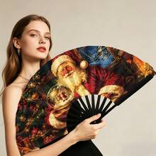 1pc Women's Folding Hand Fan, Printed With Santa Claus Holding A Crystal Ball, Christmas Tree, Gifts And Other Christmas Elements, Fashionable Folding Fan, Kung Fu Fan Accessory, Lightweight Creative Design, Dance Fan, Party Folding Fan, Holiday Gift Folding Fan - A - View 1