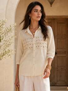 Women's Loose Fit Embroidered Semi-Sheer Viscose Short Sleeve Blouse, Spring/Summer - Apricot - View 3