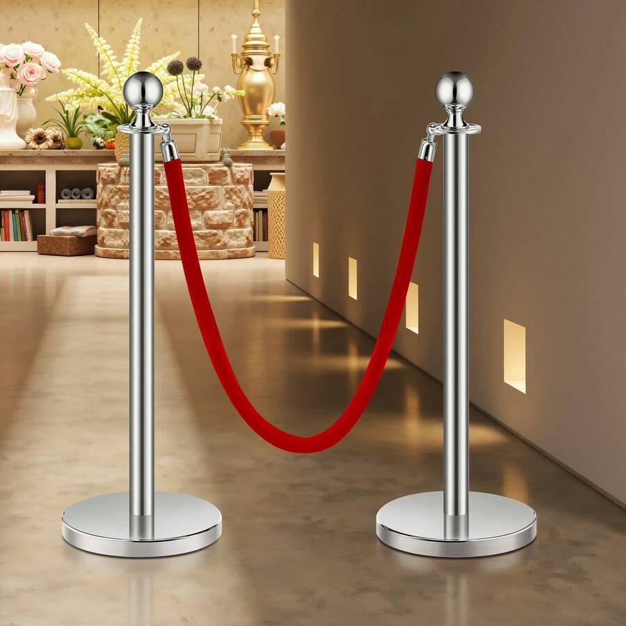 Stanchion Post, 6 Pcs Crowd Control Barrier Set With 3 Red Velvet Ropes, 5 Ft Stainless Steel Silver Stanchion Post Queue With Sand Injection Hollow Base For Theater, Party, Wedding, Exhibition - 6 Pcs - View 1