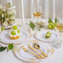 Gold Cutlery Set, 10.25 Inch Dinner Plate/7.5 Inch Side Plate, White Base With Gold Embossed Dragon Pattern Plates, Washable And Reusable Party Plates, Fruit/Cake Trays, Placemats, Stackable To Save Space. Perfect For Weddings, Parties, Birthday Gatherings, Outdoor Garden Banquets, Christmas, Thanksgiving Dinners - View 7