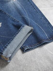 Men's Loose Straight Leg Denim Jeans With Rhinestone Butterfly Decor, American Street Style, Mid-Waist, Washed Gradient Blue, Casual Daily Wear, Party - Blue - View 7