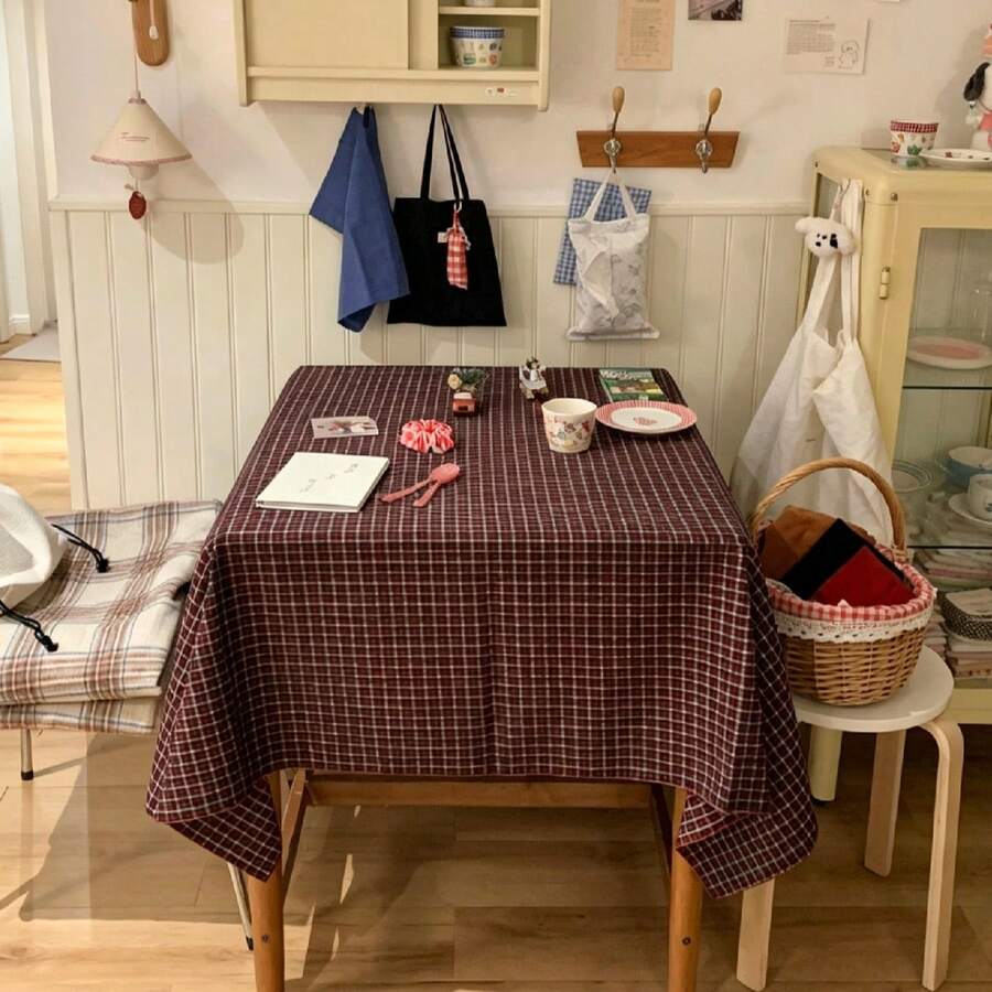 1pc Christmas New Year Tablecloth, Red Plaid Pure Cotton INS Style Decorative Background Cloth, Suitable For Holiday And Daily Decoration - Black - View 1