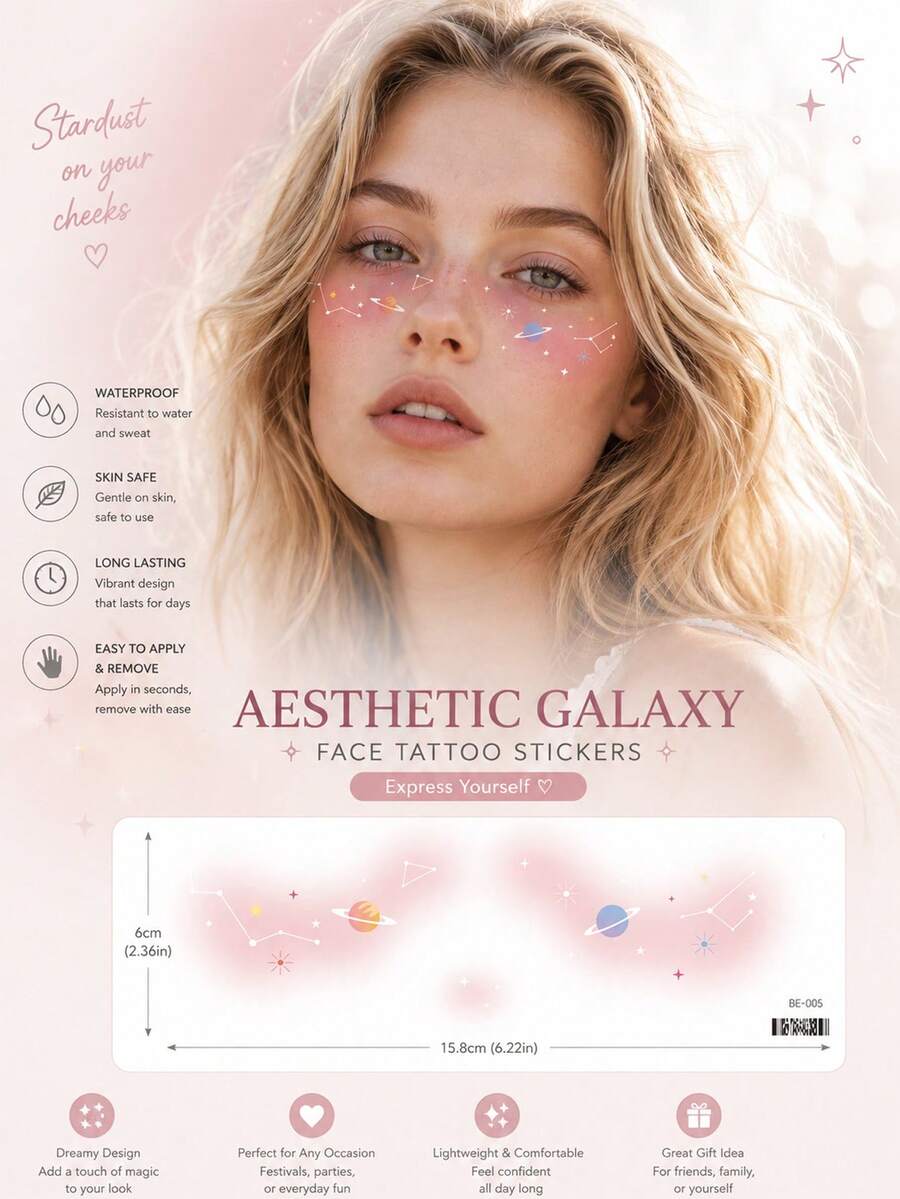 Galaxy Face Temporary Tattoo Stickers For Women, Pastel Planet, Constellation, Star & Sparkle Under Eye Cheek Decals, Waterproof Long Lasting Face Stickers For Festival, Party, Rave & Cute Makeup Looks - Multicolor - View 1