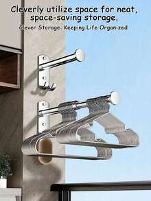 1pc Stainless Steel Wall Mounted Clothes Drying Rack, Foldable Clothes Hanger Silver, Clothing Hanging Drying Rod, Closet Storage Organizer Rack, Space-Saving Folding Clothes Rack, Suitable For Bedroom, Bathroom, Laundry Room - Multicolor - View 5