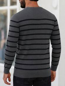 Men's Autumn/Winter Fashion Versatile Striped Crew Neck Sweater, Essential For Daily Commute And Dating - Dark Grey - View 2
