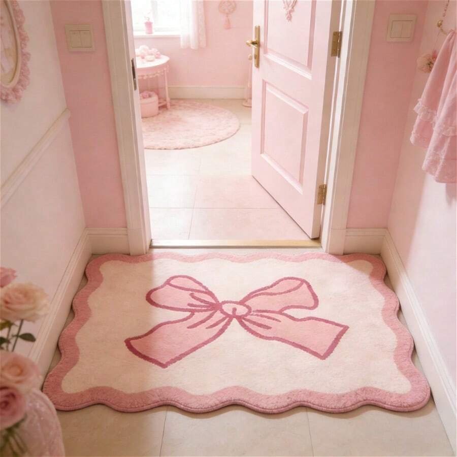 1pc Sweet Christmas Gift Bow Rug, Sweet & Cute Style Girly Carpet, Fluffy Comfortable Faux Cashmere Rug, Living Room Carpet, Bedroom Carpet, Dressing Room Carpet, Entryway Carpet, Kitchen Carpet, Bedside Carpet, Durable & Dust-Proof
