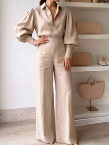 Women's Spring/Autumn Elegant Lantern Sleeve Solid Color Turn-Down Collar Blouse + High Waist Wide Leg Long Pants 2 Pieces Set - Apricot - View 3