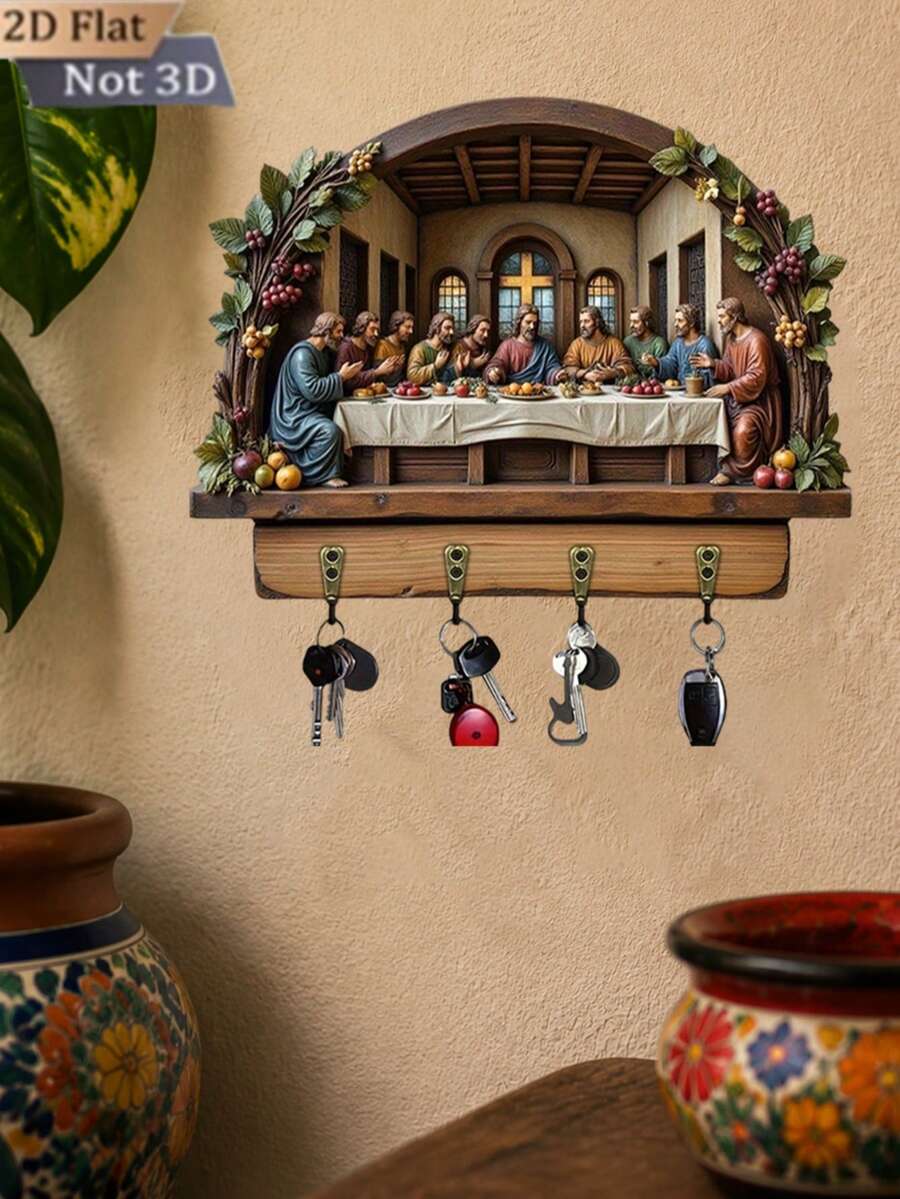 1pc Last Supper Theme Style Wooden Wall Clock Multifunctional Key Holder, Christmas Home Decor, Wall Decor, Entryway Decor, Room Decor, Villa Decor, Living Room Decor