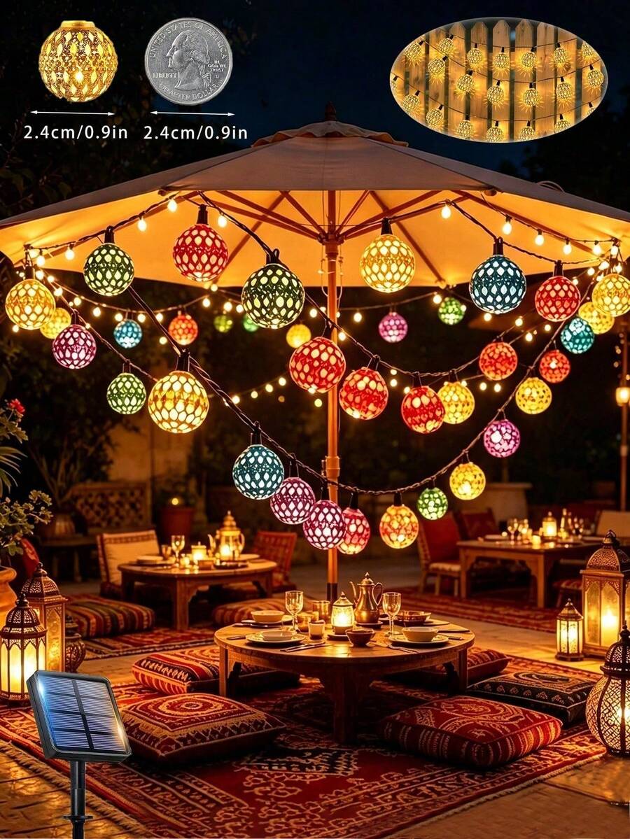 Solar-Powered Moroccan Spherical String Lights, 20/30 LED, Colorful Fairy Lights, Waterproof, Suitable For Outdoor Garden Fences, Patios, Indoor Bedrooms, Mother's Day, Christmas, And Home Party Decorations.