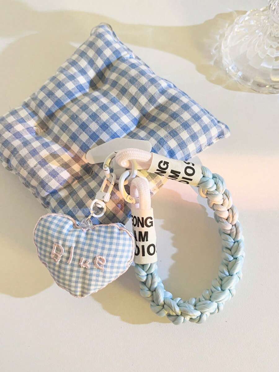 1pc Niche Personalized Pink Plaid Heart Pendant Phone Case Lanyard Short Wrist Strap Bag Charm Nylon Rope Universal Phone Lanyard - Multicolor - View 1