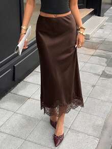 Elegant French Vintage Elastic Satin Texture Silky Brown Casual Contrast Lace Skirt, Fashionable Versatile - Brown - View 3